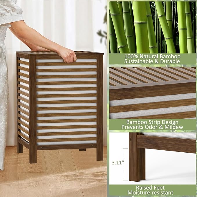 Bamboo Laundry Hamper with Lid, 120L Large Double Laundry Basket with Removable Liner Bag, 2-Section Clothes Laundry Sorter for Bedroom, Bathroom, Laundry Room,18.5 x 18.5 x 25.6 IN, Walnut