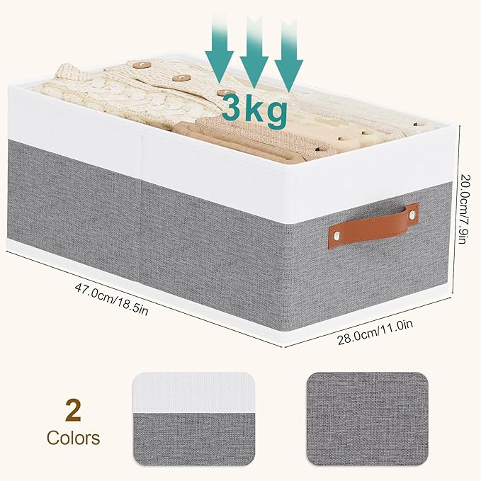 Storage Baskets,Foldable Drawer Organizers with Handles, Storage Bins for Wardrobe Bedroom Laundry, 18.5 × 11 × 7.9 Inch, White and Grey, 2-Pack