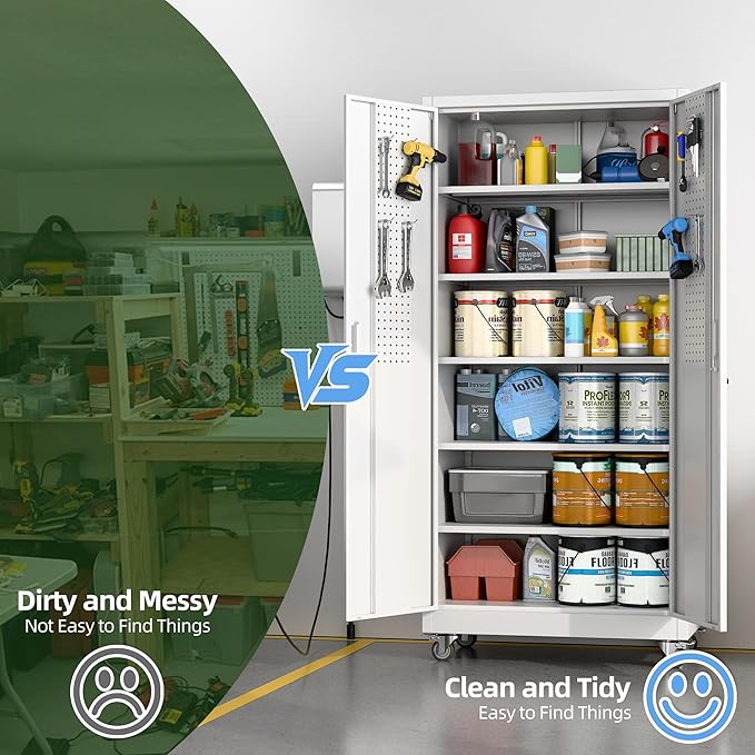Metal Garage Storage Cabinet with Wheels & Pegboard, Lockable Metal Storage Cabinets with 2 Doors&5 Adjustable Shelves for Garage&Home,Assembly Required,White 71''H x32''W x16''D
