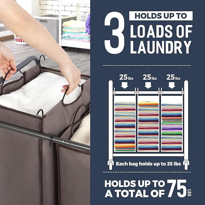 STO STO Laundry Sorter 3 Section, 3 Bag Laundry Hamper, Rolling Laundry Cart, Laundry Basket with Heavy Duty Lockable Wheels and Removable Bag for Clothes Storage, Brown