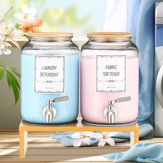 Laundry Detergent Dispenser. 0.9 Gallon Glass Laundry Soap Liquid Laundry Detergent Dispense. Fabric Softener Dispenser With Stand and Bamboo Lid. Laundry Room Organization and Storage