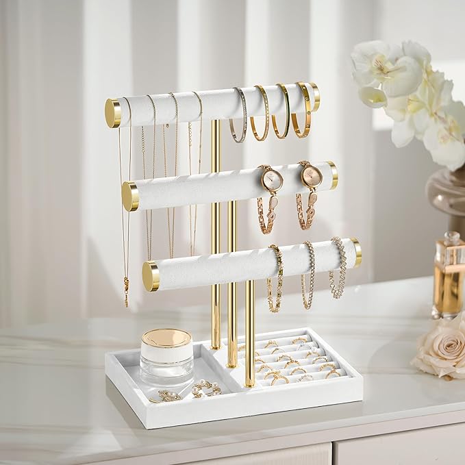 3 Tier Bracelet Holder Display - Detachable T Bar White Velvet Bracelet Holder, Jewelry Holder Organizer for Bracelet, Necklace, Watches, Rings