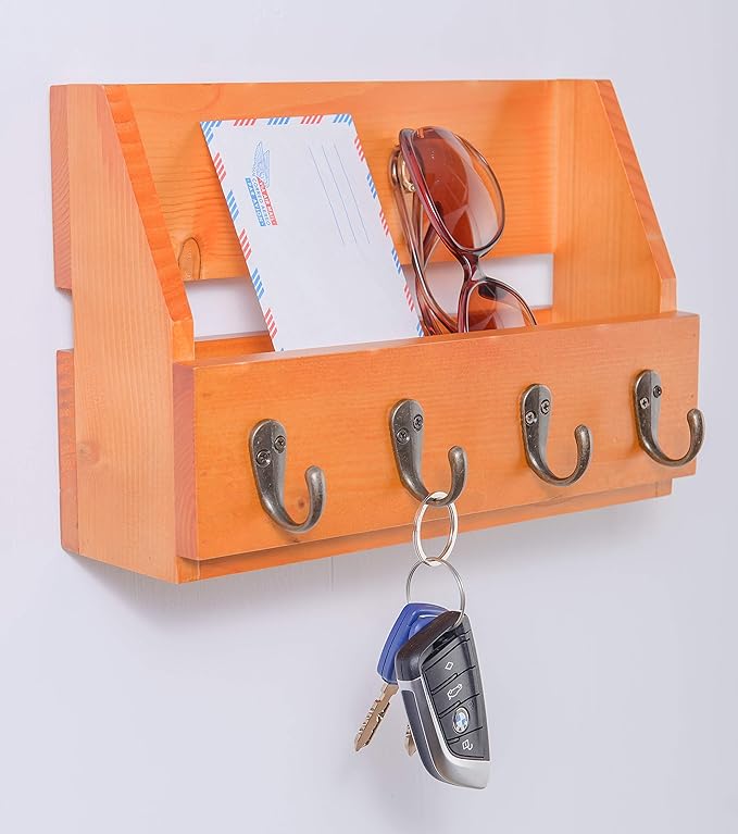 Flintar Wall Mounted Key and Mail Holder with 4 Hooks. Made of Solid Wood. Use as Key Rack, Entryway or Mudroom Organizer, Mail Sorter, Magazine Holder, Bill Sorter, Rustic Home Décor (Oak)