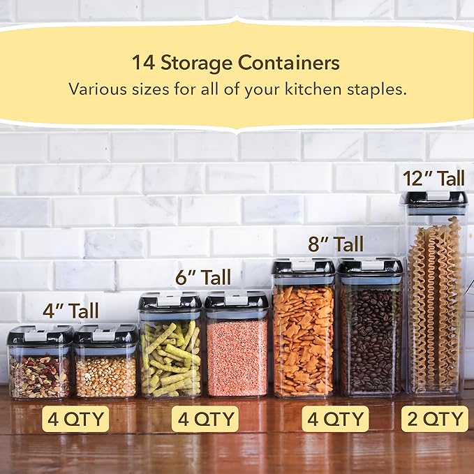 Simply Gourmet Airtight Food Storage Containers with Lids – 4 Piece Slim Kitchen Pantry Organization Set, 8 Cup Capacity, BPA-Free Clear Plastic, Stackable Containers for Flour, Sugar, Rice, Snacks