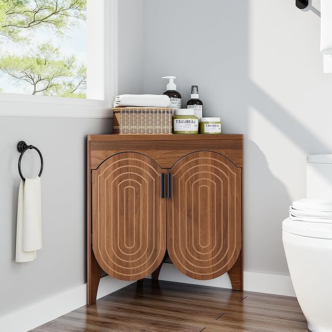 Small Corner Storage Cabinet, Mid Century Modern Floor Corner Cabinet with Curved Doors and Adjustable Shelves，Freestanding Narrow Storage Organizer for Bathroom, Living Room, Entryway(Walnut)