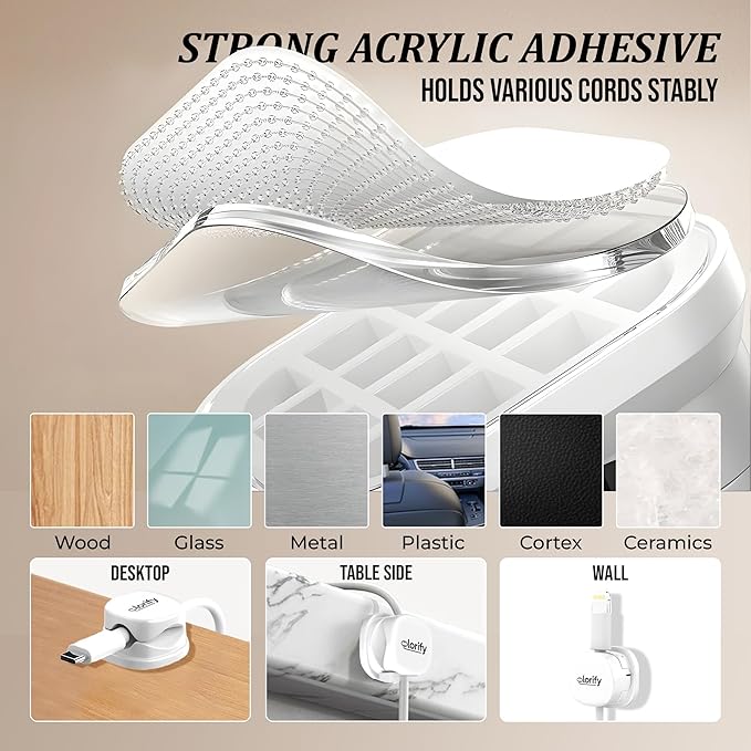 8 Pack Spring Cable Clips, Adhesive Cord Organizer for Desk, Phone Charging Cords Holder & Car Cable Management-White
