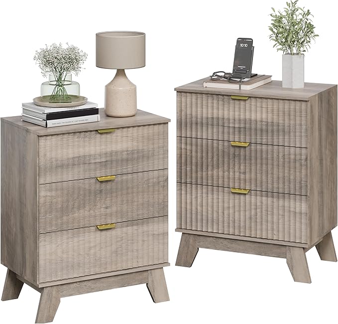 Night Stand Set 2, Bedside Table & End Table, Mid Century Modern Fluted Wood Nightstand with 3 Drawers & Metal Handles, Farmhouse Nightstand for Bedroom, Grey