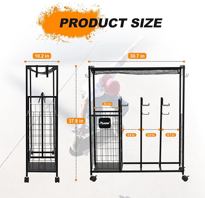 PLKOW Skateboard Storage Rack with Wheels, Sports Organizer for Skateboards, Scooters, Balls, Helmets and Sports Gear, Heavy Duty Sports Storage Rack for Garage, Home or School Use