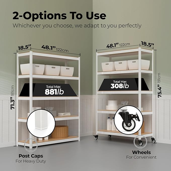 HOMEDANT House White 5-Tier Metal Boltless Rolling Cart Shelf Rack Casters Heavy Duty Wheel Shelving Unit Adjustable Storage Shelves Organizer Shelf Kitchen Garage 48.1" W x 18.5" D x 75.4" H 1Pack