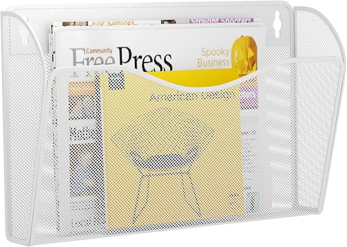 Single Pocket Wall File Holder, Mesh Hanging File Folder Paper Organizer, Vertical Wall Mounted Mail Basket, Storage Organization Magazine Rack for Office, Home and School, White