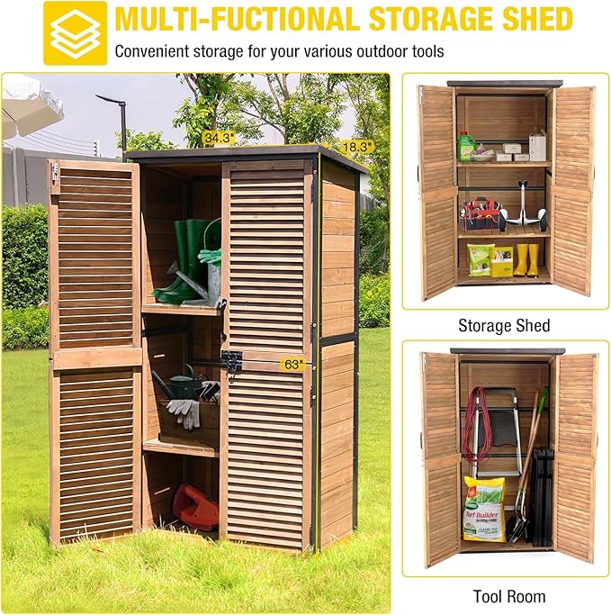 Aivituvin Outdoor Storage Shed with Adjustable Shelves and Floor, Garden Sheds with Iron Frame and Wooden Frame, Outdoor Tool Cabinets with Inclined Weatherproof Roof