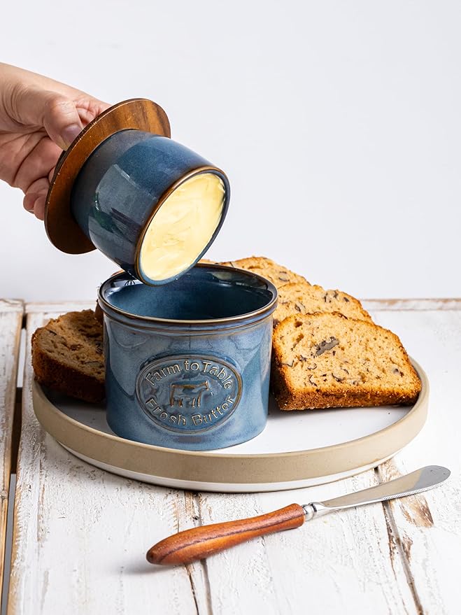Ceramic Butter Dish with Lid, Butter Crock for Countertop, French Butter Keeper, Farmhouse Cow Pattern, Blue