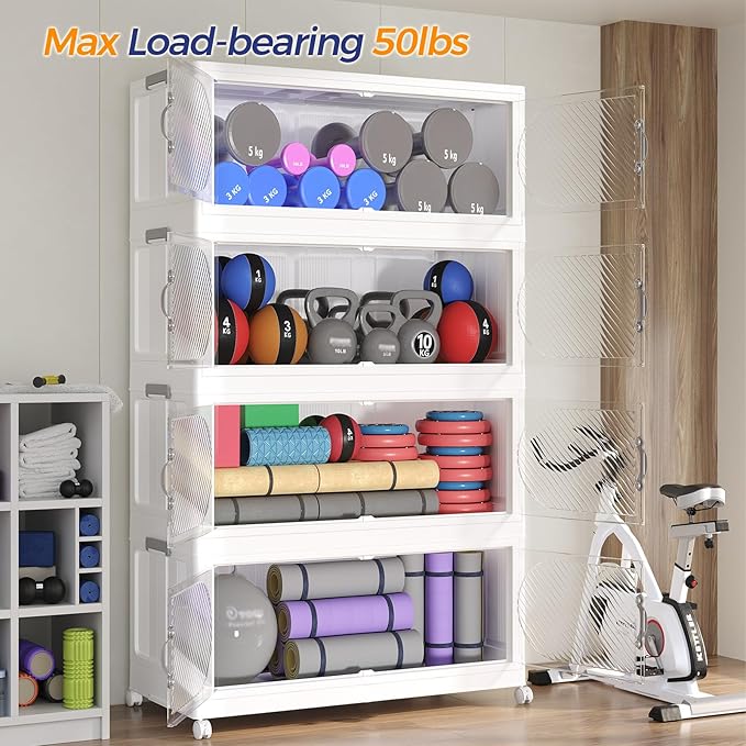 360QT Extra Large Stackable Storage Bins with Lid & Wheels & Doors, 90Gal Foldable Collapsible Closet Organizers, Plastic Cabinet Box Container Drawer for Home Kitchen Bedroom, 3Pack White