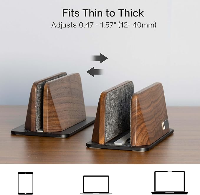 Vertical Laptop Stand, Black Walnut Wood Laptop Holder Vertical for Desk - Heavy Black Aluminum Base | Adjustable Dock (8-38mm) Fits Most Laptops, MacBooks (Black Base)