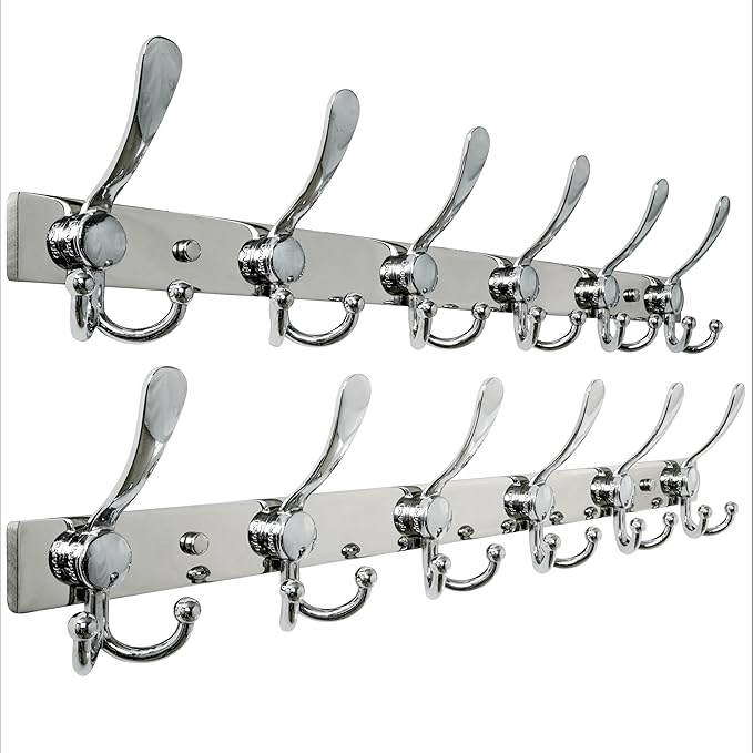 Dseap Coat Rack Wall Mount 2.0 Pro: 24” Long, 3X Tougher, Heavy Duty Stainless Steel Wall Coat Hanger with 6 Tri Hooks for Clothes Jackets Hats Entryway Closet, Chromed, Pack of 2
