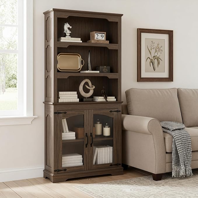 70 Inch Farmhouse Bookcase, Walnut Two-Tone Shelves, 5 Tier Bookshelf with Arched Trim Glass Doors, Living Room Storage Cabinet Unit, 31.5x11.8 Inches (Walnut, Glass Doors Storage)