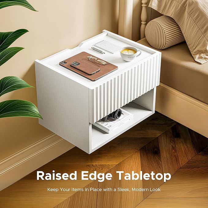 Floating Nightstand Bedroom Bedside Table - Wood Night Stand Set 2 for Small Spaces, Wall Mounted Cabinet with Storage Drawer, White Modern Night Stand for Dorm Hallway Entryway