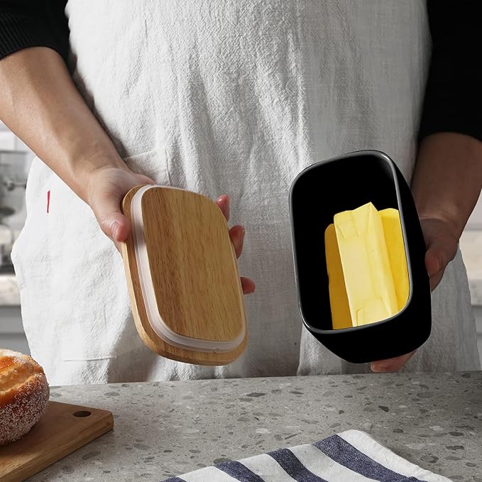 GDCZ Ceramics Butter Dish with Wooden Lid- Large Covered Butter Holder for Countertop, Butter Keeper Container Perfect for Holds 2X 4oz West/East Coast Butter (Black, 6.5 x 4.2x 3.9)