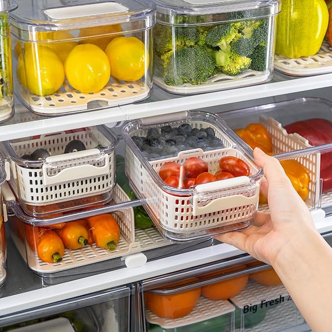 Felli Duo Fresh Produce Saver for Fridge, Fruit Vegetable Container with Vent & Drainage in Bottom for Wash, Colander Strainer Storage Bin for Refrigerator, Berry Lettuce Keeper, Christmas Gifts