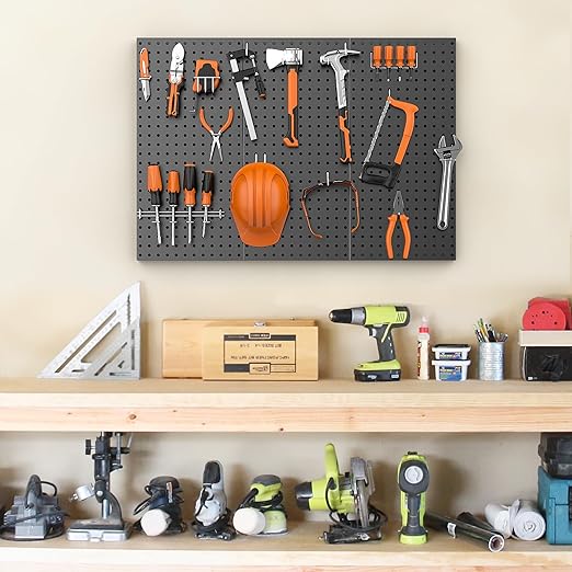 Pegboard Smith Metal Pegboard Panels 12" x 24", 3 Pack Black Wall Mounted Tool Organizer Boards, Heavy Duty Tool Storage Peg Board for Garage, Workbench, Office, Fits 1/4" Peg Hooks