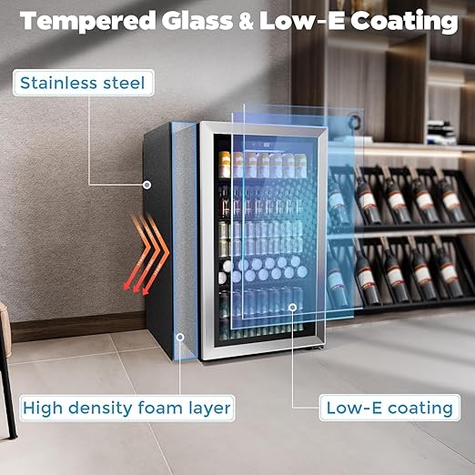 COWSAR Wine Cooler, 26 Bottle 130 Can Beverage Refrigerator, ETL Approved Mini Drink Fridge Clear Glass Door Quiet Compressor Adjust Temp 3.2 Cu.Ft Wine Fridge for Soda Beer