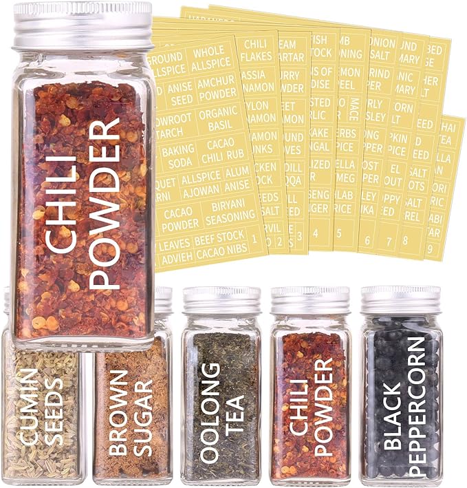 SWOMMOLY 30 Glass Spice Jars 4oz/Square Spice Bottles with 703 Spice Labels, Empty Spice Containers with Pour/sift Shaker Lid, Airtight Cap, Chalk Marker and Funnel Complete Set