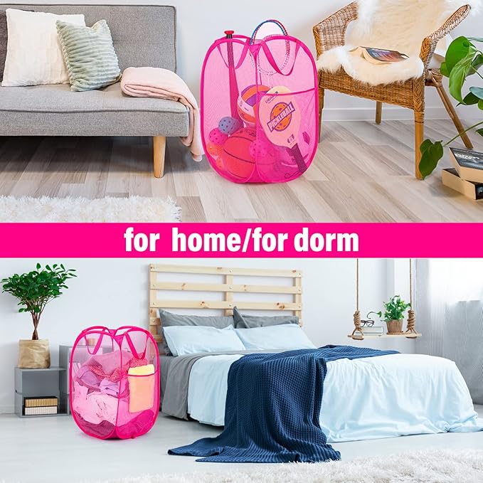 BATTOO Deluxe Strong Mesh Pop up Laundry Hamper Basket with Side Pocket for Laundry Room, Bathroom, Kids Room, College Dorm or Travel 2 Pack Blush