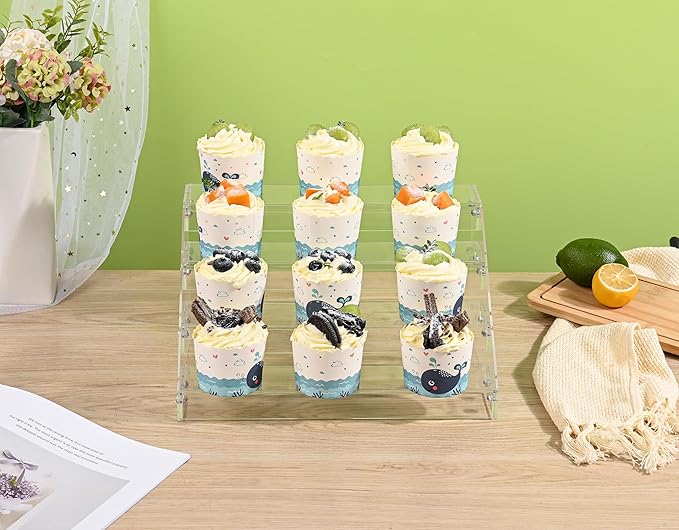 12" Acrylic Riser Display Stands - 4 Tier Clear Acrylic Display Shelf, Double Sided Usable, Makeup Organizer Perfume Organizer, Acrylic Shelves for Funko Pop Figures , Cupcake, Candy Food