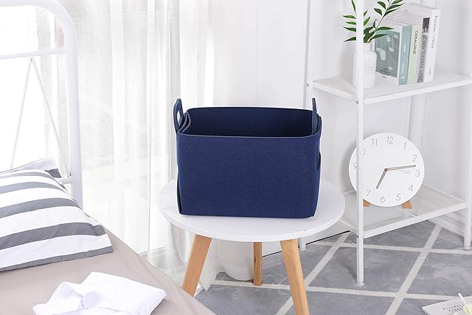 Minoisome Storage Basket Felt Storage Bin Collapsible& Convenient Box Organizer with Carry Handles for Office Bedroom Closet Babies Nursery Toys Laundry (Navy Blue, 15.7inch（L）×11inch（W）×10inch（H）)