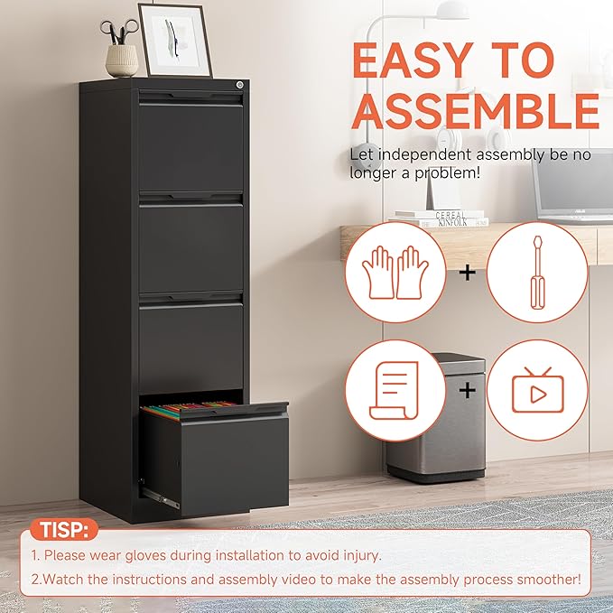 4 Drawer File Cabinet with Lock,17.8" Deep Vertical Metal Filing Cabinet for Home Office,Locking Drawer Tall for Hanging Letter/A4/Legal Folders, Easy Assemble-Black