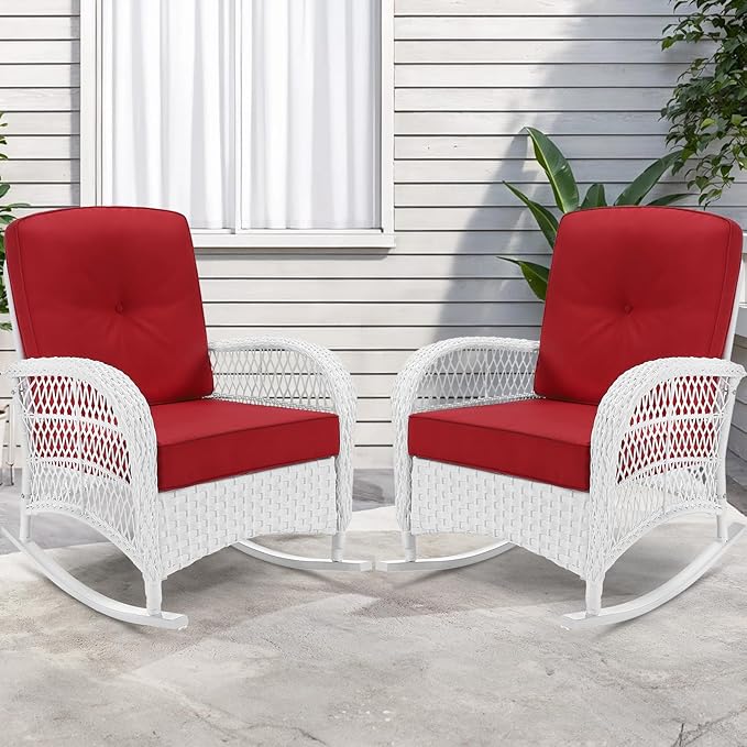 VIVIJASON 2 Piece Patio Wicker Rattan Rocker Chair, Outdoor Rattan Rocker Chair with Cushions & Steel Frame, All-Weather Rocking Lawn Wicker Furniture for Garden Backyard Porch (White Wicker/Red)