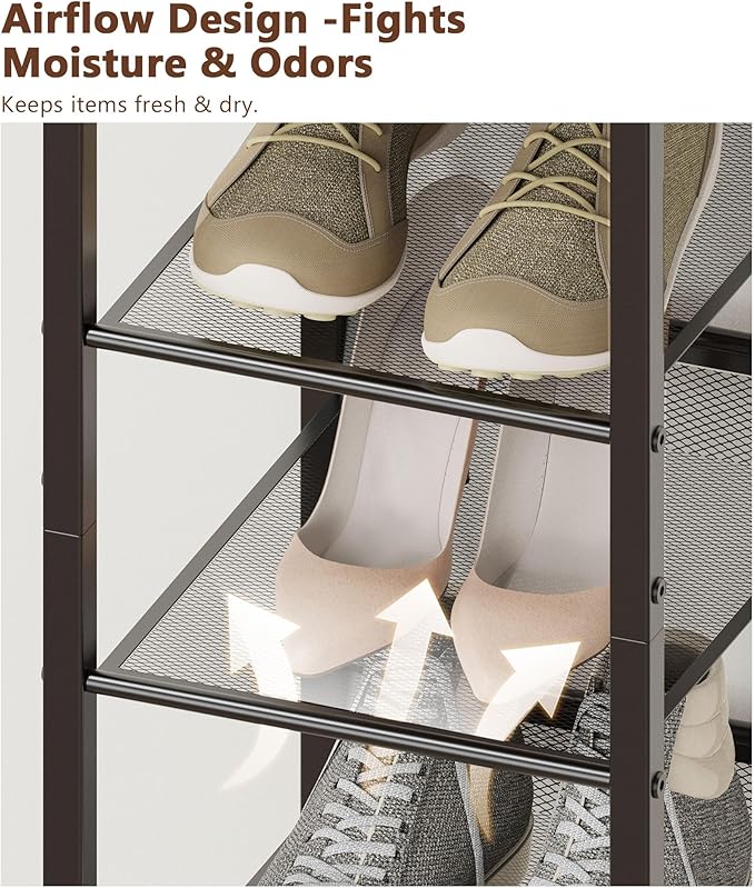 8 Tiers Vertical Shoe Rack, Corner Shoe Storage Organizer, Narrow Shoe Tower for 6 Pairs, Space Saving Sturdy Metal Shoe Shelf, Adjustable, Freestanding, for Entryway, Hallway, Living Room, Bedroom