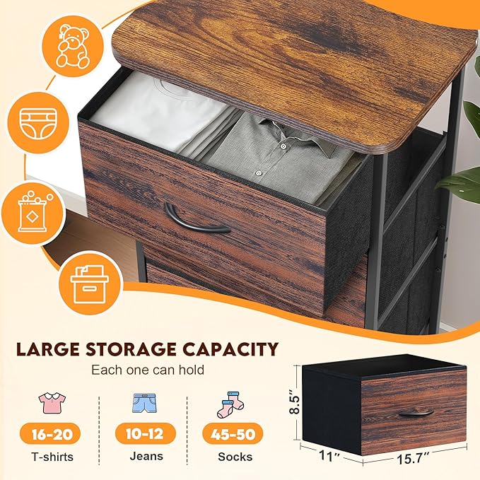 Curved Profile Dresser for Bedroom，5 Fabric Drawer Dresser with Waterproof Wood Top Chest of Drawers for Hallway, Living Room, Kid Room (Rustic Brown)
