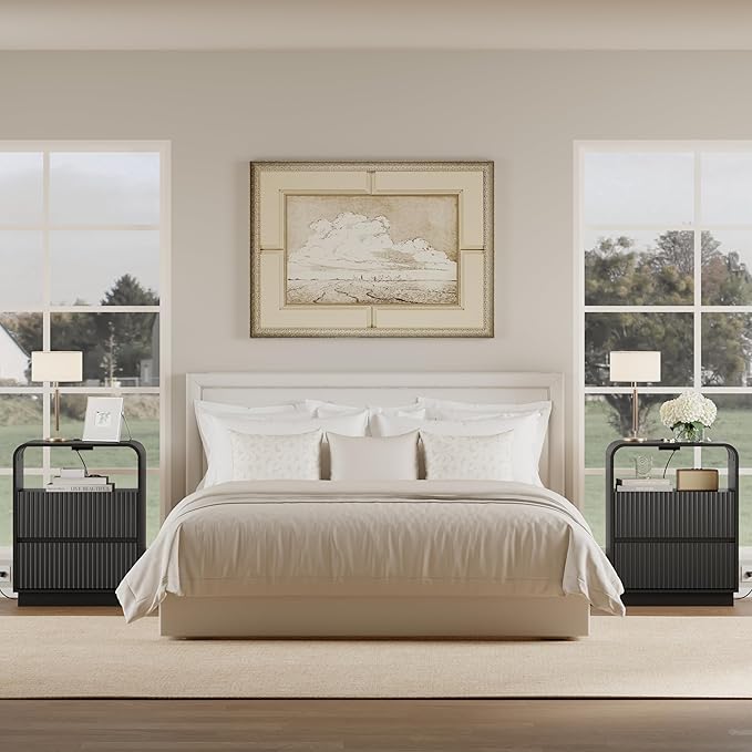 Black Nightstands Set of 2 with Charging Station, Mid Century Modern End Tables & Bedside Tables, Fluted Wood Small Night Stands with 2 Hidden Drawers and Storage Shelf for Bedroom
