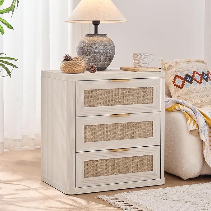 LEYAOYAO Rattan Night Stand Set of 2 with Charger Station, 23" Large 3 Drawer Boho Nightstand, Grey White Bedside Table Storage Cabinet, Bed Side End Tables for Bedroom, Living Room, Hallway