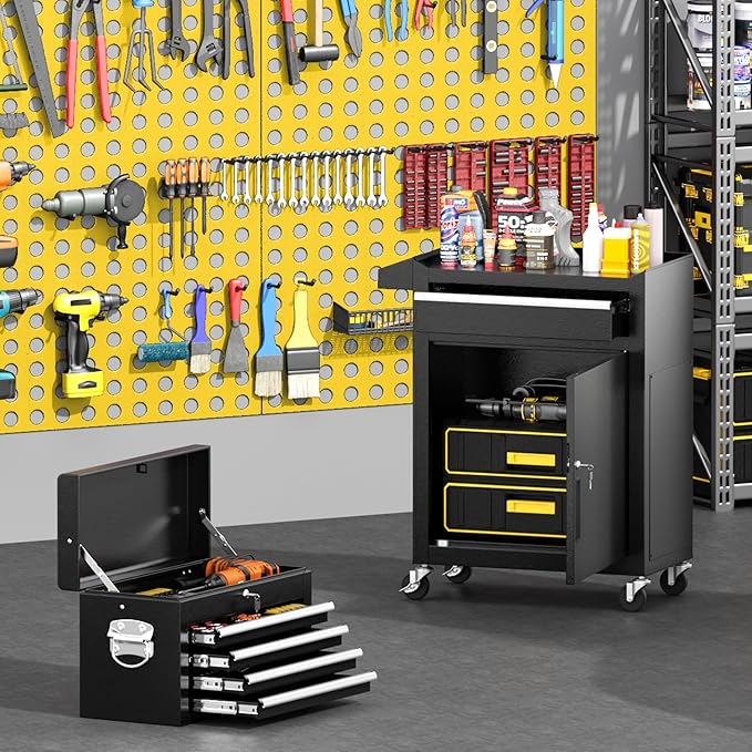 Greenvelly Tool Chest, 5-Drawer Rolling Tool Chest with Hooks and Lockable Wheels,Metal Storage Detachable Top Tool Box with Lockable Wheels for Garage,Workshop,Art Studio(Black)