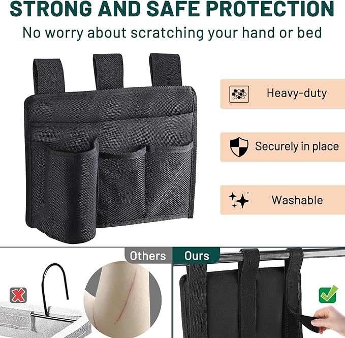 Bedside Caddy Organizer - Bed Organizer Caddy for Remotes Control Phone Glasses Magazines Tablets Accessories - Wheelchair Bag for Hospital Home Office Dorm Room (4 pocket)