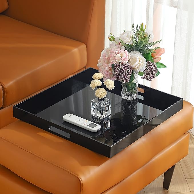 Black Oversize Acrylic Serving Tray with Handles 19x19 Inch -Spill Proof- Decorative Trays Countertop Organizer for Ottoman,Nightstand, Sidetable, Butler (19x19 Inch, Black)