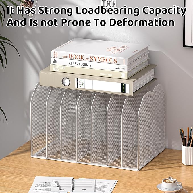 White 7-Section File Folder Organizer for Desk – Metal Vertical File Holder, Desktop File Organizer Vertical Stand, Letter/A4 Folder Rack, Upright File Sorter, Office Paper Organizer