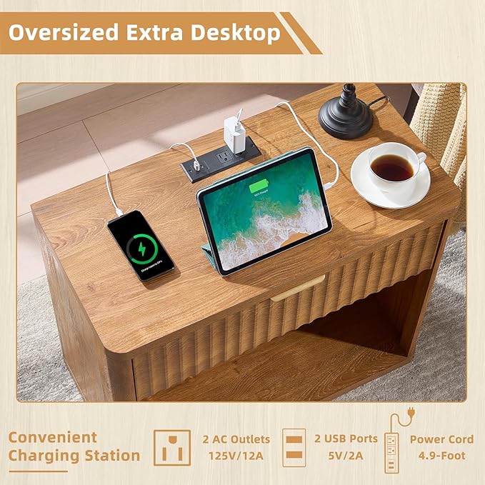 LEYAOYAO 31" Wide Fluted Nightstand with Charging Station, Oversized Extra Large 1 Drawer Night Stand with Golden Handle, Brown Wood Bedside Table Tall End Tables,for Bedroom, Living Room, Hallway