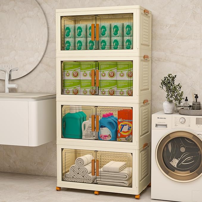Plastic Stackable Storage Bins with Lids and Wheels, Foldable Closet Organizers and Storage Containers, Collapsible Clear Drawer Storage Cabinet with Doors Ivory White 720 QT