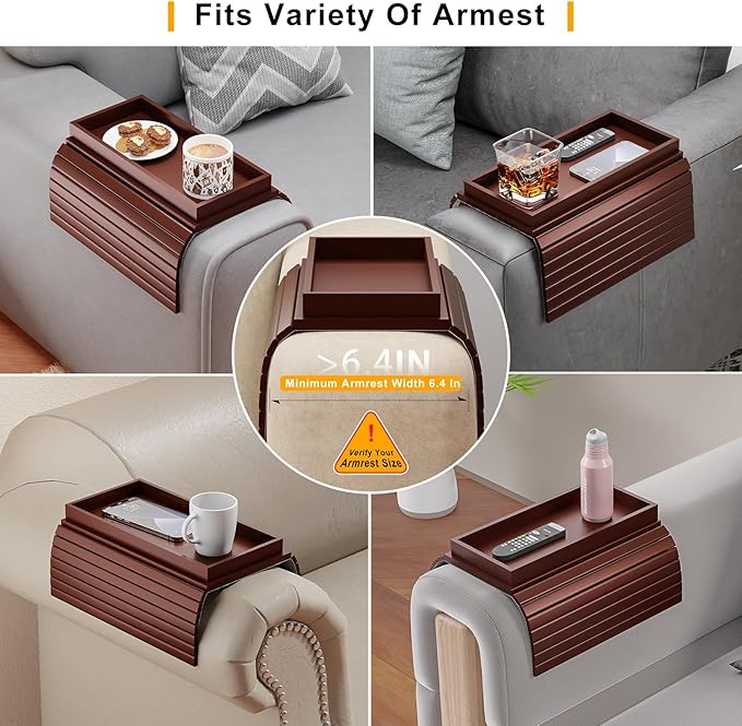 Sofa Armrest Tray Table for Couch - 2-in-1 Foldable Couch Arm Table with Be Slide Detachable Tray - Anti-Slip Sofa Armchair Caddy for Drinks Cup Cellphone TV Remote Snacks (Walnut)