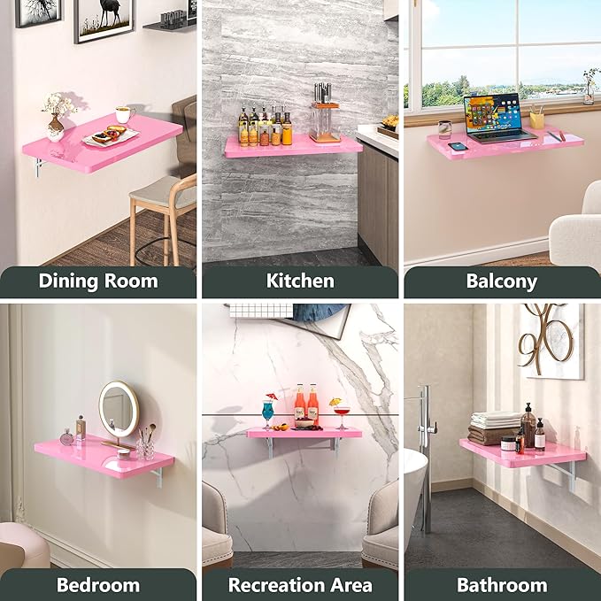 Clikuutory Pink Wall Mounted High Gloss Folding Table, Wall Desk Fold Down for Small Spaces, Folding Workbench for Laundry Room, Home Office, Kitchen, Bedroom, Home Bar (23.6"×15.7")