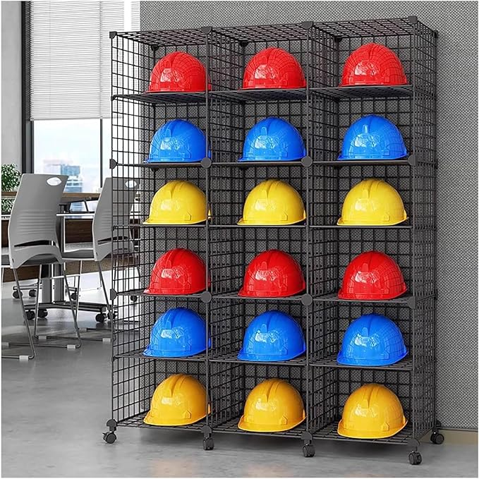 Stackable Safety Helmet Storage Boxes, Large Adjustable Hard Hat Placement Organizer Rack,with Wheels,for Construction Site/Garage/Workshop/Factory Helmet Display Shelf (Black, 18 Grids-3 * 6)