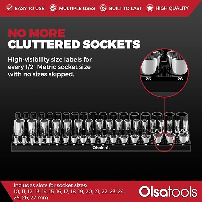 Olsa Tools Magnetic Socket Organizer (1/2-Inch Drive, 3 Row) - Magnetic Tool Organizer & Socket Holder - Tool Box Socket Organizers - Metric Black - Holds 54 Sockets - Professional Grade - Part: 1552