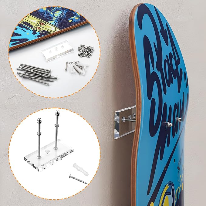 6 Pcs Skateboard Wall Mount Clear Acrylic Floating Skateboard Hanger for Skate Board Deck Display Storage with Installation Screws