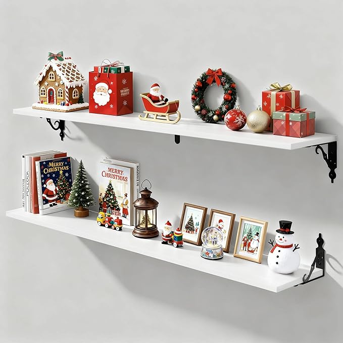 Fun Memories Large Floating Shelves for Wall 48 Inches Long, 8 Inch Deep Shelves with Metal Bracket, 48 Inch Floating Shelves Wall-Mounted, Wide Display & Storage Bookshelves, White, Set of 2