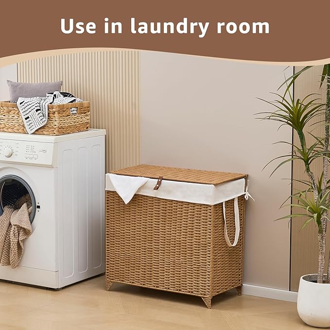 Laundry Hamper with Lid and Removable Liner Bag, Handwoven Rattan Clothes Hamper with Heightened Feet, Wicker Laundry Basket for Clothes and Towels，Large, 2-sections