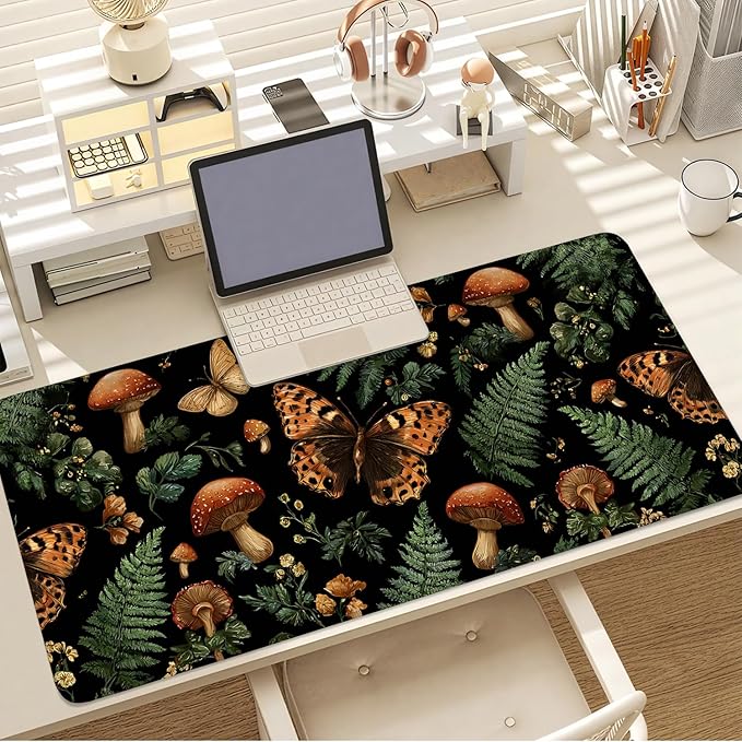Vintage Butterfly Mushroom Mouse Pad – Large Extended Desk Mat 35.43 x 15.75 in – Dark Forest Aesthetic with Ferns & Fungi, Waterproof Surface, Non-Slip Rubber Base, Keyboard & Mouse Pad
