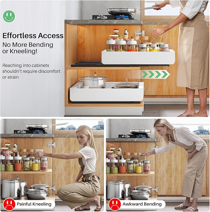 Pull out Cabinet Organizer, Expandable(12"-20") Heavy Duty Slide out Drawers Fixed with Adhesive Nano Film for Pots, Roll out Shelf Storage for Kitchen Base Cabinet, Pantry, Bathroom Cupboard
